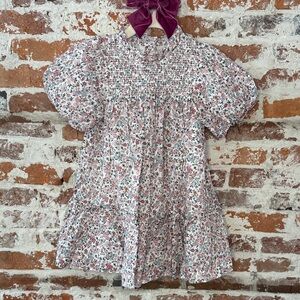 Janie and Jack Floral Smocking Bubble Sleeve Dress White Pinks with Bow size 3